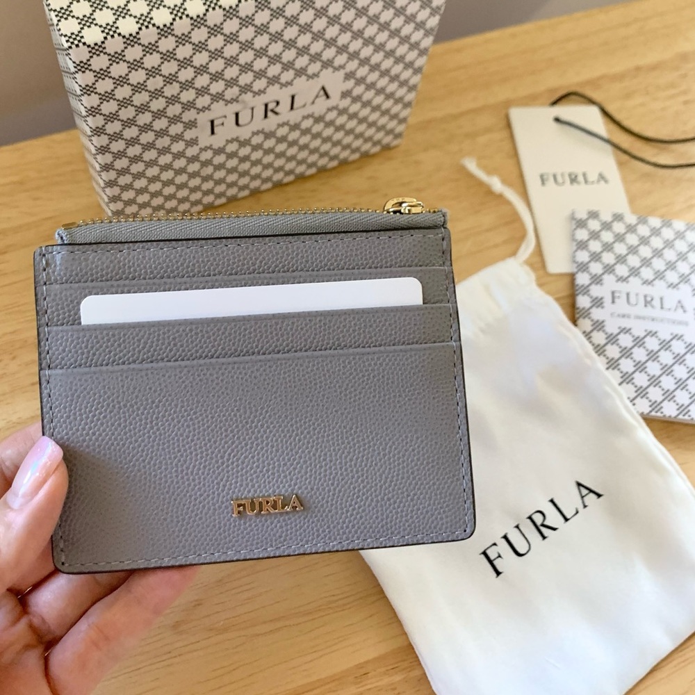 Brand New/ FURLA Compact Card Case Wallet with Zip Pocket, Gray, small wallet